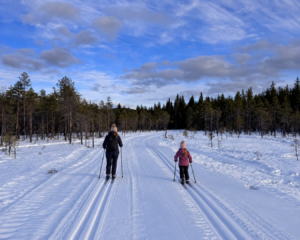 Mamma och dotter åker längskidor på spår i skogen
