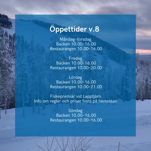 Även om sportlovet dröjer för oss i Norrbotten finns det gott om anledningar att ta sig till berget under vecka 8 (16-22 feb)💙

Skidåkning, mat i restaurangen och fiskepremiär vid Lapptjärn den 21/2.

Vi ses på berget.