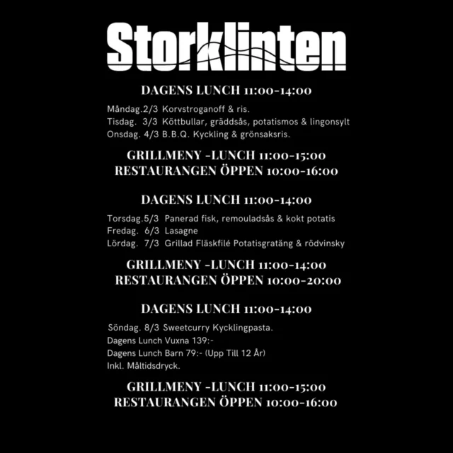 Äntligen sportlov. Massor av god mat och dryck väntar i restaurangen. 

Torsdag, fredag och lördag har vi dessutom liveband på plats. 

Vi ses på berget!
